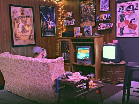 80s Furniture Living Rooms, 80s Basement Aesthetic, 1980s Basement, 90s Basement Aesthetic, 80s Set Design, 90s Basement, Basement Hangout Room, 80s Basement, 80s Living Room Aesthetic