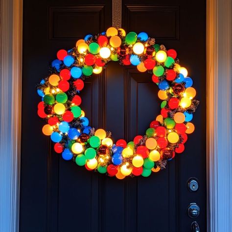 Lady wraps holiday lights around pool noodle. Your front door will shine like never before! Pool Noodle Wreath, Lighted Wreaths, Old Glass Bottles, Material Wreaths, Pool Noodles, Wreath Hanger, Diy Cans, Personalized Decor, Holiday Themes