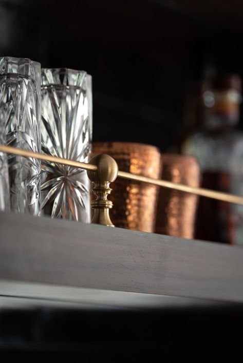 Luxury Wet Bar Interior Design, Bar Area In Kitchen Modern, Brass And Glass Bar Shelves, Antique Glass Bar Backsplash, Antique Wet Bar, Soapstone Wet Bar, Bar Area Lighting, Vintage Bar At Home, Antique Glass Tile Backsplash