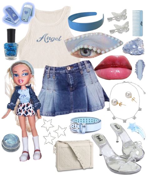 90s Bratz Aesthetic Fashion, Bratz Doll Denim Outfit, Cloe Bratz Outfits Halloween, Cloe Bratz Halloween Costume, Modern Bratz Outfits, Blue Bratz Outfit, Cloe Bratz Aesthetic Outfits, 2000s Fashion Bratz, Chloe Bratz Outfit