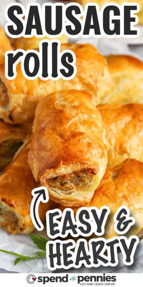 This homemade sausage rolls recipe is the best way to enjoy a savory breakfast or snack. Ground pork sausage, cheese, onions, and garlic are wrapped in flaky puff pastry, creating a golden, crispy, and savory addition to breakfast. With a touch of egg for a beautiful finish, these easy-to-make rolls are perfect for any occasion. Whether you’re cooking for a crowd or just treating yourself, these homemade pastries are sure to make everyone happy! #spendwithpennies Sausage Rolls Puff Pastry, Easy Sausage Rolls, Breakfast Puff Pastry, Meatball Appetizer Recipe, Homemade Sausage Rolls, Pork Sausage Recipes, Sausage Rolls Recipe, Mushroom Appetizers, Sausage Bread