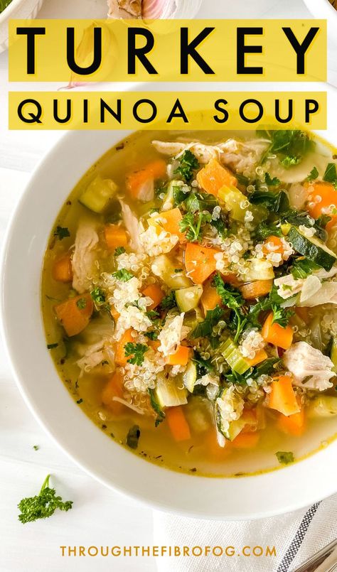 labelled turkey quinoa soup in a white bowl on a checked cloth. Turkey Quinoa Soup, Soup With Quinoa, Turkey Quinoa, Turkey Soup Recipe, Shredded Turkey, Fibro Fog, Dairy Free Soup, Quinoa Soup, Low Histamine Diet