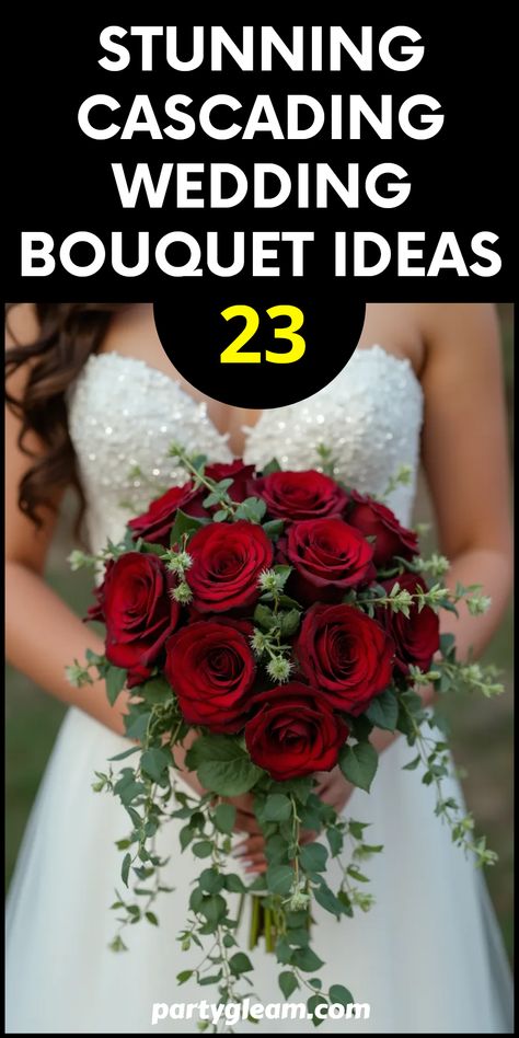 Looking for the perfect floral display for your wedding day? Discover 23 stunning cascading wedding bouquet ideas that will have your guests amazed! From rose and ivy arrangements to cascading lilies and greenery, there’s something here for every bride. Whether you want bold colors or soft pastels, these beautiful bouquet ideas mix elegance with a touch of whimsy. Dive into this collection, and let's make your special day unforgettable with gorgeous cascades of flowers that make a stunning statement. Brides With Bouquets, Ivy Arrangements, How To Make Bridal Bouquets, Burgundy Wedding Flowers Bridal Bouquets, Bride Bouquets Red, Wedding Bouquets Red Roses, Spring Wedding Flowers Bouquet, Vintage Wedding Bouquet, Red Rose Bridal Bouquet