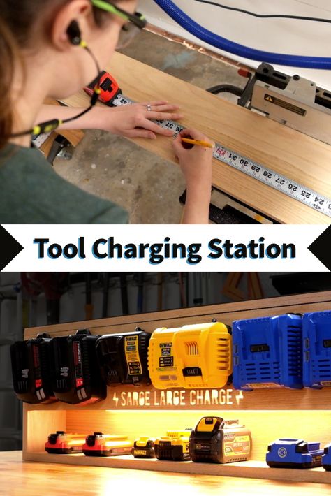 We made this DIY charging station to keep our power tool batteries in line because we are organized people! It's designed around dimensional lumber to make it easier. Tool Charging Station, Battery Charger Station, Diy Charging Station, Craftsman Power Tools, Battery Charging Station, Ryobi Power Tools, Power Tool Set, Power Tool Organizer, Workshop Shed