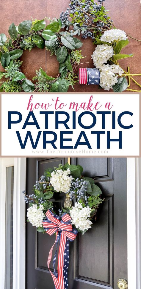 The Fourth of July is the best excuse to decorate your house and patio with the red, white and blue. Here is an easy step by step tutorial for making a beautiful patriotic wreath complete with ribbon bow. Fourth Of July Door Hangers, Diy Patriotic Wreath, Patriotic Door Decor, Small American Flags, July Wreath, Faux Hydrangea, Door Wreaths Diy, Hydrangea Not Blooming, Festive Wreath