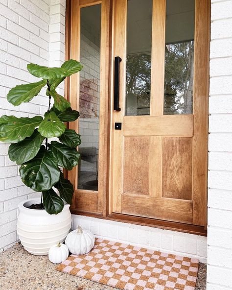 I love the old, simple style of this door but the function of the glass to let in light. Small Stoop Decor Front Entry, Small Front Door Decor Entrance, Small Front Door Entry, Retro Front Door, Boho Front Door, Apartment Front Door Decor, Exterior Entryway Ideas, Stoop Decor, Apartment Front Doors