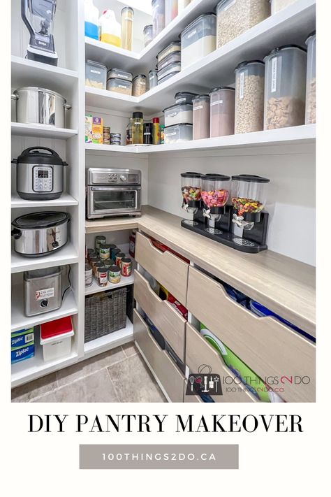 Pantry With Shelf For Appliances, Building Pantry Shelves, Diy Pantry Shelves How To Build, Small Appliance Storage Pantry, Overland Kitchen, Built In Diy, Diy Pantry Makeover, Diy House Makeover, Diy Pantry Shelves