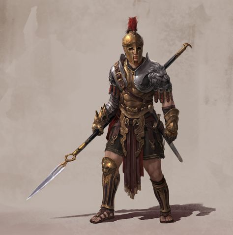 spartan, HannrYang on ArtStation at https://www.artstation.com/artwork/lDyzdY Greek Character, Aphrodite Art, Warrior Concept Art, Roman Warriors, Greek Heroes, Greek Warrior, Fantasy Battle, Dungeons And Dragons Characters, Fantasy Male