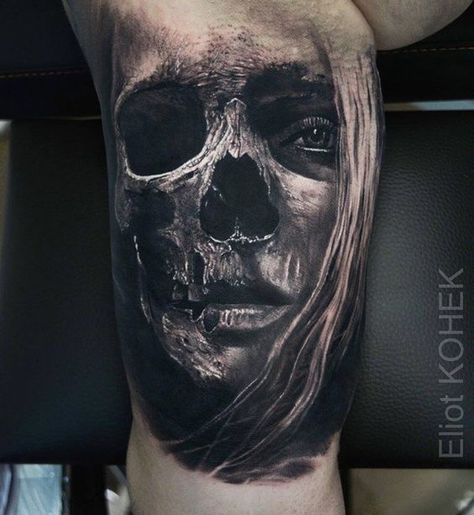 Skull Face Tattoo, Realistic Owl Tattoo, Skull Girl Tattoo, Hyper Realistic Tattoo, Half Skull, Skull Sleeve Tattoos, Realistic Tattoo Sleeve, Full Sleeve Tattoo Design, Men Tattoos Arm Sleeve