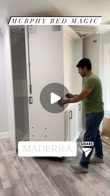 Redo Spaces • DIY • Interior Design • Remodel • Home on Instagram: "Murphy Bed Magic 🪄👇 

Perfect for studios, apartments, lofts, guest rooms, adu units, this double sided Murphy Bed from @maderra_shop has a Murphy Bed on one side and the flip side is an entertainment center. 

What do you think about this space saving Murphy Bed product? 🛏️ 📺 🤩 

They also sell bespoke bookshelf sliding doors single and double units, barn doors & more. Head to their link in bio @maderra_shop to check out their stylish innovative products, and it’s all made in the USA 🇺🇸 in Utah ⛷️ 

#murphybed #spacesavingfurniture #redospaces" Studios Ideas Apartment, Double Murphy Bed Ideas, Murphy Bed And Sofa, Murphy Bed Walk In Closet, Awesome Bedroom Ideas, Unique Murphy Bed Ideas, Revolving Murphy Bed, Sideways Murphy Bed, Small Room Murphy Bed Ideas