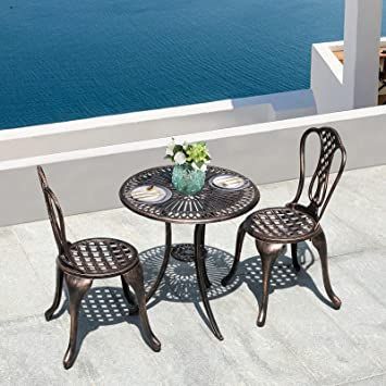 COBANA Patio Bistro Table Set, 3 Piece Outdoor Cast Aluminum Table and Chairs with 2’’ Umbrella Hole for Garden, Balcony, Backyard, Pool, Bronze Retro Table And Chairs, Bistro Table Set, Round Table And Chairs, Outdoor Bistro, Retro Table, Outdoor Bistro Set, Bronze Table, Aluminum Patio, Garden Balcony