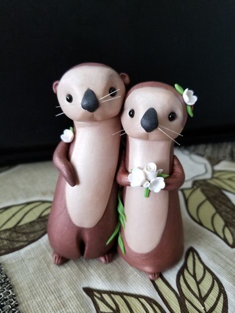 Custom Sea Otter Cake Topper Otter Wedding, Animal Wedding Cake, Animal Wedding, River Otters, Wedding Cake Topper Figurines, Cute Otter, Head Tilt, River Otter, Polymer Clay Ornaments