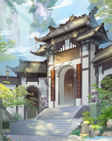 ♔ Croquis "L'Orient" Traditional Japanese House Anime, Chinese House Design, Atmospheric Perspective, Chinese Places, Chinese Background, Pagoda Lanterns, Chinese House, Japanese Village, Ancient Chinese Architecture