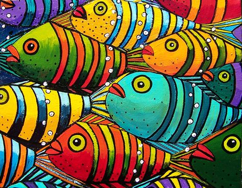 Whimsical Fish Paintings, Whimsical Fish Art, Folk Art Painting Whimsical, Fish Art Illustration, Folk Art Paintings, Folk Art Fish, Colourful Fish, Contemporary Folk Art, Whimsical Art Paintings