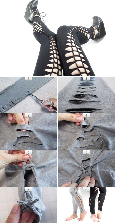 Plain leggings into exciting statement legwear.                                                                                                                                                                                 More Revamp Clothes, Diy Leggings, Clothes Capsule Wardrobe, Cut Shirt Designs, Diy Cut Shirts, Cut Up Shirts, Hantverk Diy, Plain Leggings, Diy Clothes Refashion