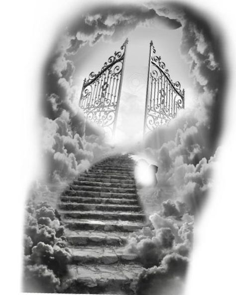 Heavens Gates Tattoo Design, Staircase Tattoo, Stairs To Heaven Tattoo, Gates Of Heaven Tattoo, Tattoos Half Sleeve, Stairway To Heaven Tattoo, Cloud Tattoo Sleeve, Guardian Angel Tattoo Designs, Heaven Tattoo