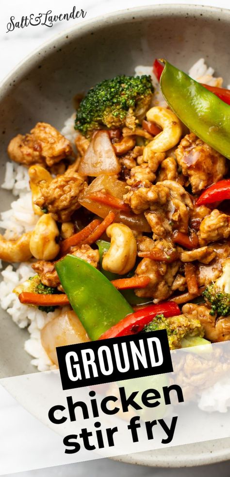 a bowl of stir fry with rice and text overlay that reads ground chicken stir fry Ground Chicken Stir Fry, Turkey Stir Fry Recipes, Spicy Stir Fry, Ground Chicken Recipes Healthy, Chicken Stir Fry Recipe, Asian Stir Fry, Stir Fry Recipes Chicken, Pork Stir Fry, Ground Chicken Recipes