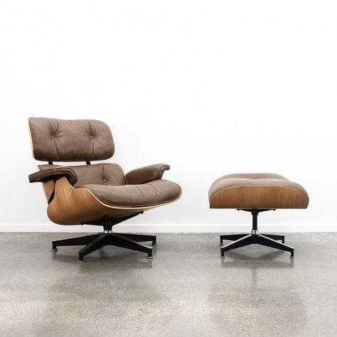 Eames lounge chair + ottoman in brown leather & walnut, 1980s Lounge Chair Ottoman, Chair Ottoman, Eames Lounge, Eames Lounge Chair, Chair And Ottoman, Vintage Design, Lounge Chair, Brown Leather, Ottoman