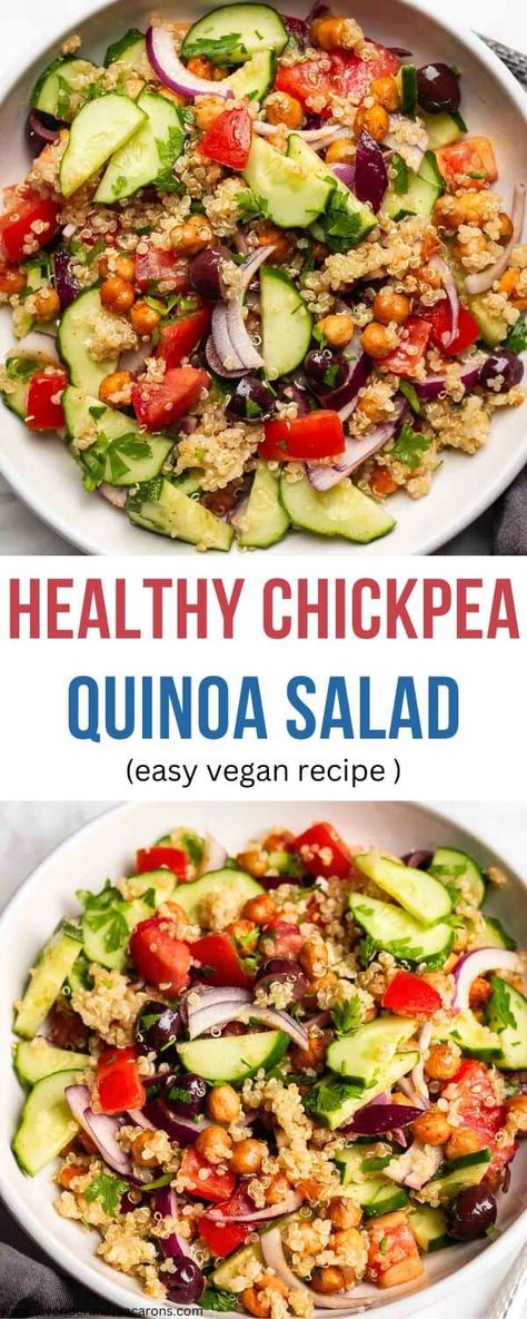 Mediterranean Quinoa Chickpea Salad has it all: protein-packed quinoa, tender chickpeas, and tons of crunchy veggies. The zesty lime dressing adds a refreshing finish that ties it all together. Quinoa Chickpea Salad, Cannellini Bean Salad, Crunchy Veggies, Mediterranean Quinoa, Easy Quinoa, Easy Mediterranean Diet Recipes, Avocado Salad Recipes, Quinoa Salad Recipes, Fruit Juices