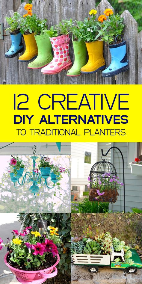 12 Creative DIY Alternatives to Traditional Planters Patio Layout Design, Creative Planter, Vegetable Garden Tips, Diy Canopy, Unique Planter, Creative Gardening, Unique Gardens, Diy Garden Projects, Diy Planters