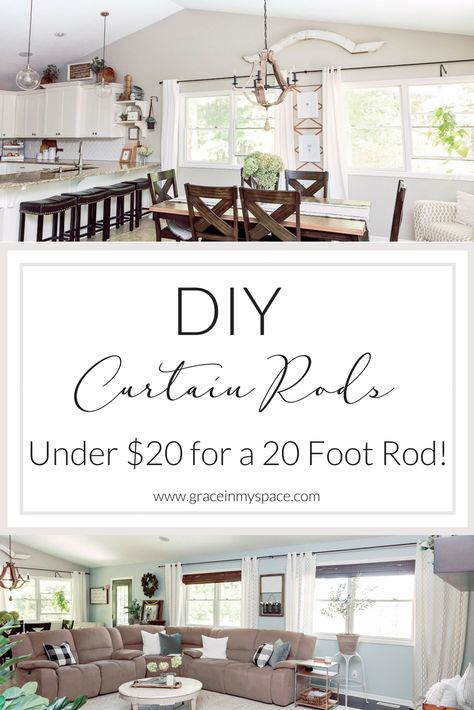 Have you ever balked at the prices of custom curtain rods for large windows? I know I have! So today I've got a super easy and cheap (under $20!) tutorial on how to make DIY Curtain Rods for up to 20 feet of windows! Curtain Rod Ideas For Large Window, Sunroom Curtains & Drapes, Basement Drapes, Curtain Rods For Large Windows, Sunroom Curtains, Extra Long Curtain Rods, Cheap Window Treatments, Large Window Curtains, Farmhouse Curtain Rods