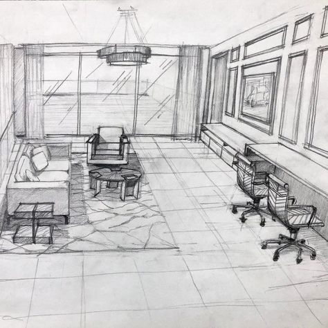 Check out this #firstlook we just presented to a client! Our talented sketch artist truly helps bring our ideas to life and makes it easy for the client to envision the ideas we have for their space! One Point Perspective Room, Room Perspective Drawing, 1 Point Perspective Drawing, Croquis Architecture, Perspective Room, 1 Point Perspective, Interior Design Sketchbook, Perspective Sketch, Architecture Drawing Sketchbooks