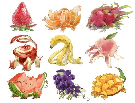 Plant Creature Design, Food Monster Concept Art, Food Animals Art, Fantasy Fruit Concept Art, Botanical Creatures, Fruit Monster, Food Creatures, Fantasy Fruit, Monster Food