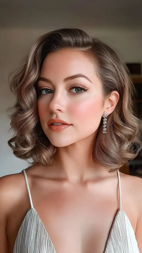 Gala Ball Hairstyles, Side Elegant Hairstyles, Wavy Hair One Side Pinned Back, Short Hair Styles For A Wedding Guest, Short Hairstyles For Gala Event, Hairstyle Ideas For Formal Event, Prom Hair Ideas For Short Hair Curls, Side Hair Pins Hairstyles, Short Hairstyles With Curls