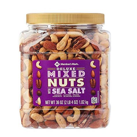 Member's Mark Deluxe Roasted Mixed Nuts With Sea Salt (34 Oz.) Trail Mix Packaging, Kosher Diet, Blanched Almonds, Peanut Butter Lovers, Members Mark, Cacao Nibs, Roasted Almonds, Mixed Nuts, Natural Vitamins