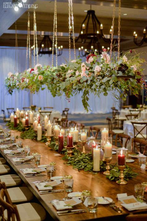 Hanging Greenery Centrepieces, Hanging Greenery Wedding Ideas, Suspended Centrepieces Pillar Candles Wedding, Fall Mountain Wedding, Candles And Flowers, Ivory Pillar Candles, Kings Table, Greenery Wedding Decor, Diy Wedding Table, Greenery Centerpiece, Wedding Table Designs