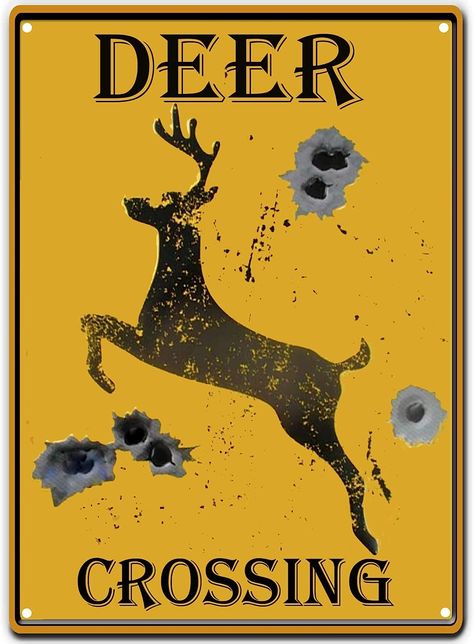 Deer crossing tin sign with bullet holes for authentic man cave decor Rustic Hunting Cabin, Deer Crossing, Boys Bedroom Makeover, Yellow Sign, Hunting Decor, Hunting Cabin, Bar Vintage, Country Wall Decor, Office Garage