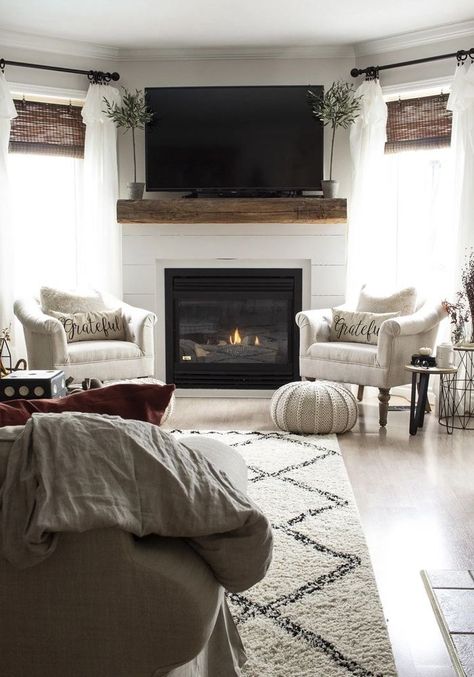 Corner Fireplace With Windows On Both Sides, Corner Fireplace With Shiplap Wall, Tv Above Fireplace Corner, Diy Corner Fireplace With Tv, Fireplace Layout, Corner Fireplace Makeover, Corner Fireplace Living Room, Black Shiplap, Fireplace Walls