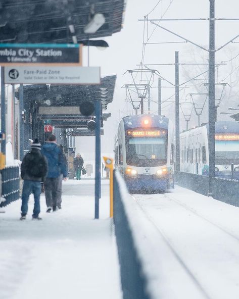 Sound Transit on Instagram: “June, am I right? Image description: A Link train arrives at Columbia City Station on a snowy day. People are bundled up and waiting on…” Train In Station, Night Train Station, Light Rail Station, Liminal Train Station, Columbia City, Light Rail, Trans Siberian Railway, Snowy Day, Columbia