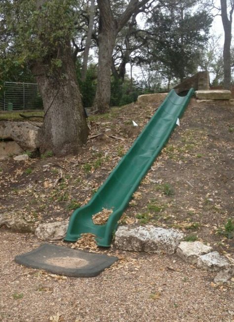 Backyard Hill Slide, Diy Hill Slide Natural Playgrounds, Slide On A Hill, Build Slide Into Hill, Slide In Ground, Diy Backyard Slide On Hill, In Ground Slide On Hill, Slide In A Hill, Slide In Hill Backyard