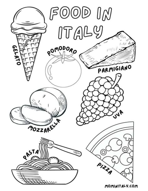 Italy Coloring Pages, Around The World Crafts For Kids, Pizza Coloring Page, Donut Coloring Page, Italy For Kids, Food Italian, Food Coloring Pages, Italy Flag, Coloring Supplies