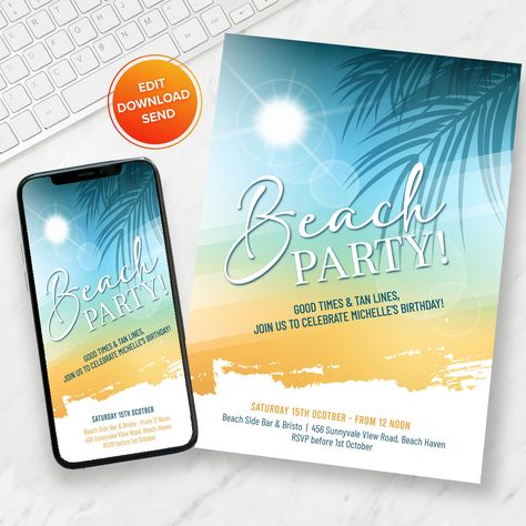 Excited to share the latest addition to my #etsy shop: Beach Party Invitation, Beach Birthday Party Invite, Beach Theme Party, Summer Birthday Invite, Editable Invite, Digital Download https://etsy.me/3n6JSAY #birthday #allseasons #flat #vertical #gold #blue #beachpart Beach Party Favors, Beach Party Invitations, Beach Invitations, Beach Birthday Party, Beach Bachelorette, Beach Themed Party, Beach Birthday, Bachelorette Party Invitations, Summer Birthday