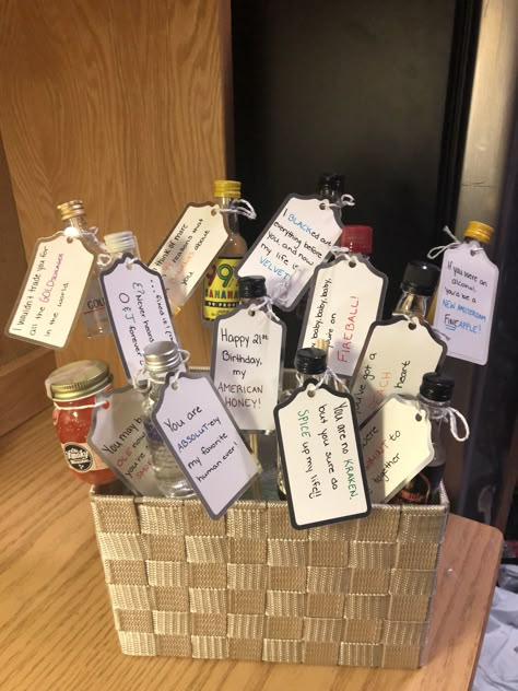 I put this gift basket together for my boyfriend’s 21st birthday using alcohol shooters, and cute notes that used the name of the alcohol in them!!! Diy Gift For 21st Birthday, 21 Presents For 21st Birthday Boyfriends, 21st Bday Shooters Gift, 21 Boyfriend Birthday Ideas, 21st Birthday Gift For Boyfriend, 21st Birthday Shooter Basket, 21st Birthday Gifts For Guys Turning 21 Basket Ideas, 21st Birthday Presents For Boyfriend, 21st Birthday Gift Ideas For Boyfriend