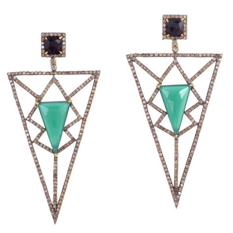 Meghna Jewels - Pyramid Earring Diamonds Contemporary Onyx 18K Gold, Sterling Silver Claw Earrings, Green Chalcedony, Earrings Colorful, Jeweled Earrings, Semi Precious Gems, Diamond Earring, Earrings Green, Colorful Earrings, Earring Jewelry