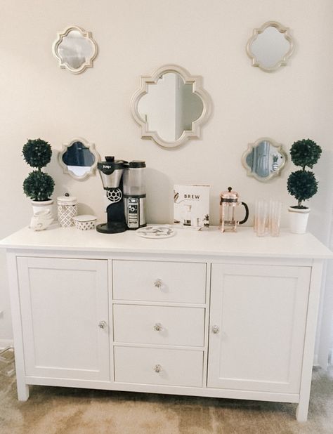 This idea comes from Erin McD., who says replacing hardware can personalize a piece and make it look far more expensive. She did it to the Hemnes Sideboard, and she uses it as a coffee/cocktail bar. Anthropologie is a great place to find pretty hardware, as is Amazon. Ikea Sideboard Dining Room, Ikea Hauga Sideboard, Ikea Hauga Kitchen, Ikea Kitchen Sideboard, Sideboard Buffet Ikea, Hauga Ikea Hacks Kitchen, Ikea Hemnes Sideboard Hack, Hemnes Dining Room, Hemnes Sideboard Hack