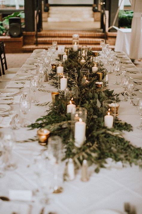 Winter Wedding Table Settings Centerpieces, Candles And Garland Centerpiece, Green Garland Round Table, Lambs Ear Table Decor, Candles And Garland Wedding, Greenery Wedding Reception Tables, Candlestick And Greenery Centerpiece, Winter Wedding Simple Centerpieces, Winter Wedding Table Garland