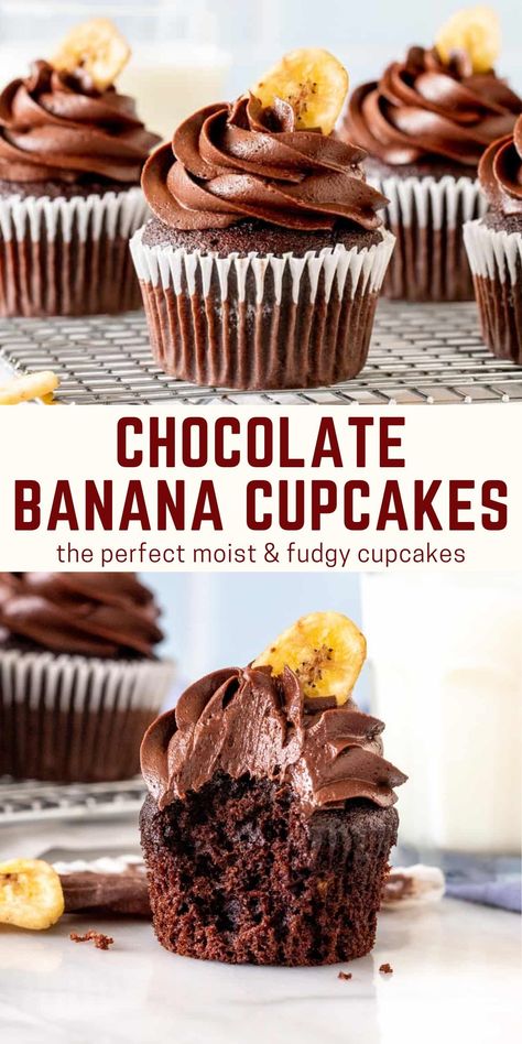 These double chocolate banana cupcakes are incredibly moist and fudgy. The banana gives these the perfect texture and adds a delicious hint of banana bread to the flavor. Not as sweet as your typical chocolate cupcakes, but even more delicious #chocolatecupcakes #doublechocolatecupcakes #bananachocolate #bananachocolatecupcakes #recipe from Just So Tasty https://www.justsotasty.com/double-chocolate-banana-cupcakes/ Banana Cupcake Recipe, Chocolate Banana Cupcakes, Frosting For Chocolate Cupcakes, Chocolate Banana Pudding, Banana Pudding Cupcakes, Low Carb Chicken Parmesan, Icing Recipes, Banana Cupcakes, Cupcake Recipes Chocolate