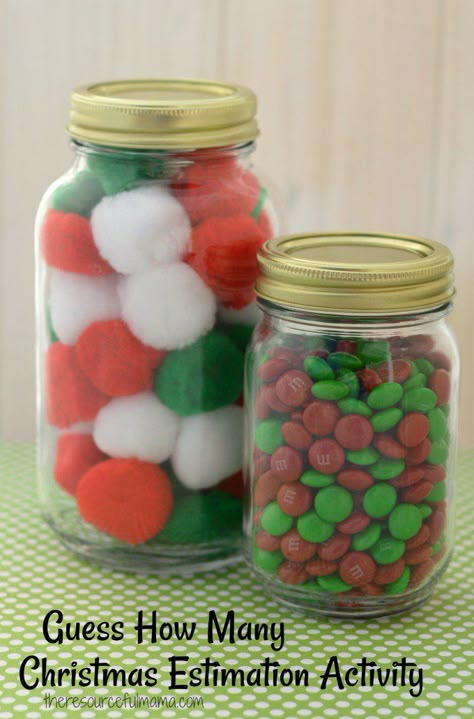 This Christmas estimation activity is fun and easy addition to Christmas parties. Kids use real life math skills when estimating how many items are in jars. #christmas #kidsactivity #mathactivities classroom games holiday party Holiday Party Kids Games, Guessing Jar, Classroom Christmas Party, Christmas Sleepover, Real Life Math, Christmas Party Activities, School Christmas Party, Holiday Party Kids, Fun Christmas Party Games