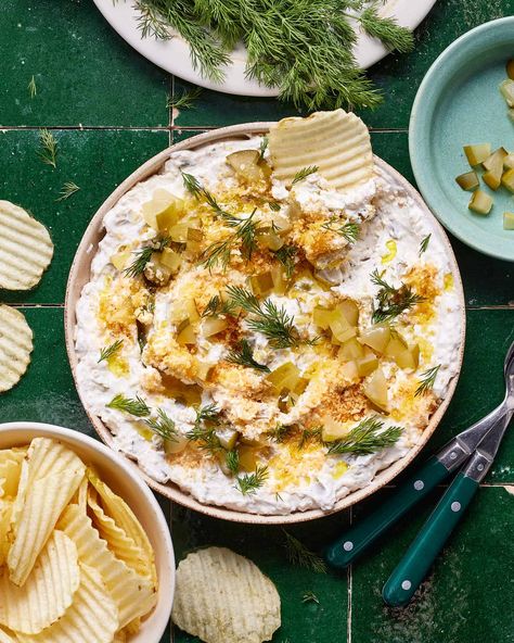 A bowl of the fried pickle dip, sitting on a countertop with a ruffled potato chip sitting in the bowl Easter Dip Recipes, Df Appetizers, Fried Pickle Dip, Spicy Crab Dip, Pickle Dip Recipe, Crunchy Pickles, Dip For Potato Chips, Hot Dog Chili Sauce, Pickle Dip