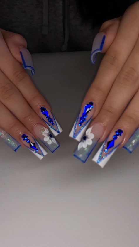 Royal Blue Nails Flowers, Blue Nails For Wedding, Blue Acrylic Nails Square, Royal Blue Acrylic Nails Ideas, Baddie Nails Acrylic Blue, Royal Blue Quince Nails, Nails Design Blue, Quinceañera Nails, Marble French Nails