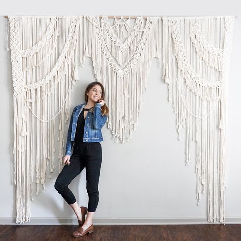 Wedding backdrops now available! Ships with dowel included so all you have to do is hang it up! Contact me if you would like a custom size! Wedding Backdrop Head Table, Backdrop Head Table, Bohemian Backdrop, Head Table Wedding Backdrop, Macrame Wedding Arch, Rope Macrame, Macrame Wedding Backdrop, Macrame Table, Makramee Diy