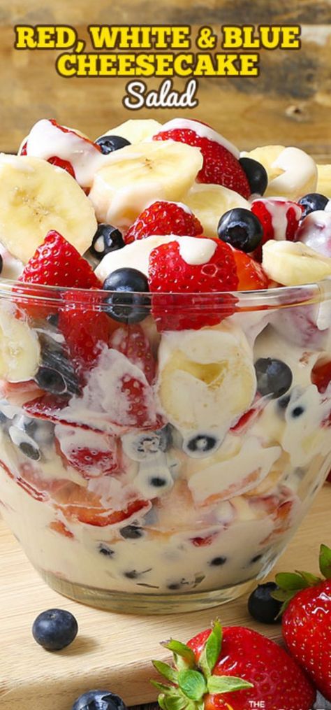 Red, White and Blue Cheesecake Salad | Fruit dessert recipes, Dessert recipes easy, Creamy fruit salads Red White And Blue Cheesecake, Blue Cheesecake, Cheesecake Fruit Salad, Cheesecake Salad, Creamy Fruit Salads, Fruit Dessert Recipes, Fruit Dishes, Fruit Salad Recipes, Dessert Salads