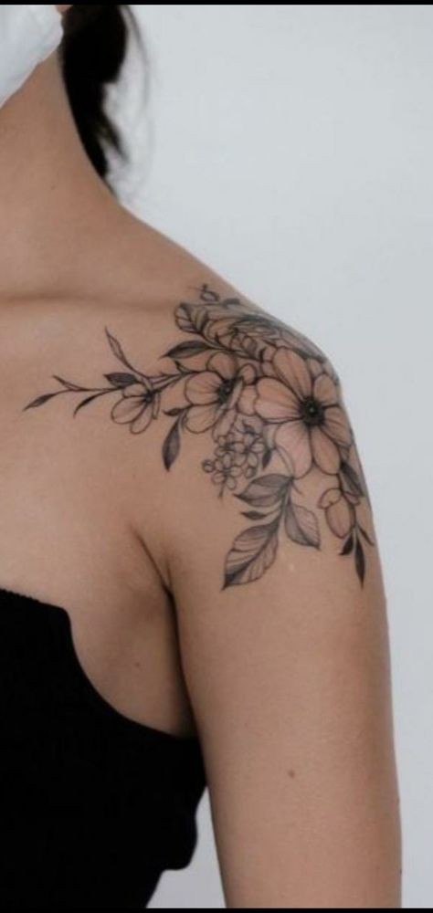 Tatto Shoulder For Girl, Flower Shoulder Cap Tattoos For Women, Country Shoulder Tattoos For Women, Daisy Shoulder Cap Tattoo, Shoulder Clavicle Tattoo For Women, Shoulder Cap Floral Tattoo, Womans Shoulder Tattoo, Jasmine Flower Tattoo Shoulder, Girly Shoulder Tattoo