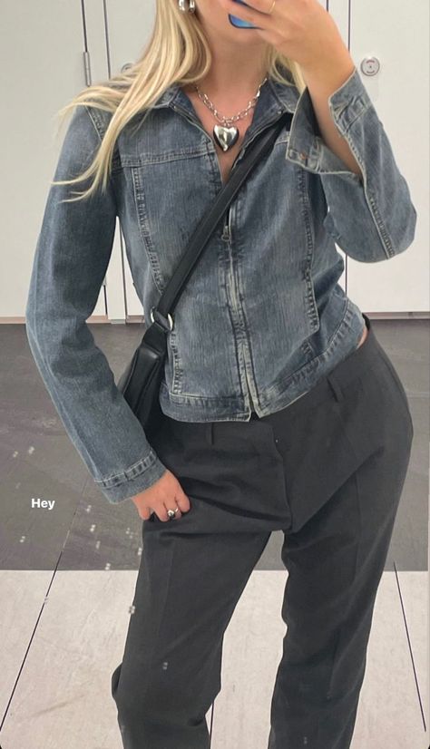 Zip Up Denim Jacket Outfit, Full Denim Outfit, Denim Biker Jacket, Label M, Denim Jacket Outfit, Autumn Fits, Jacket Outfit, Faded Denim, Fashion Fits