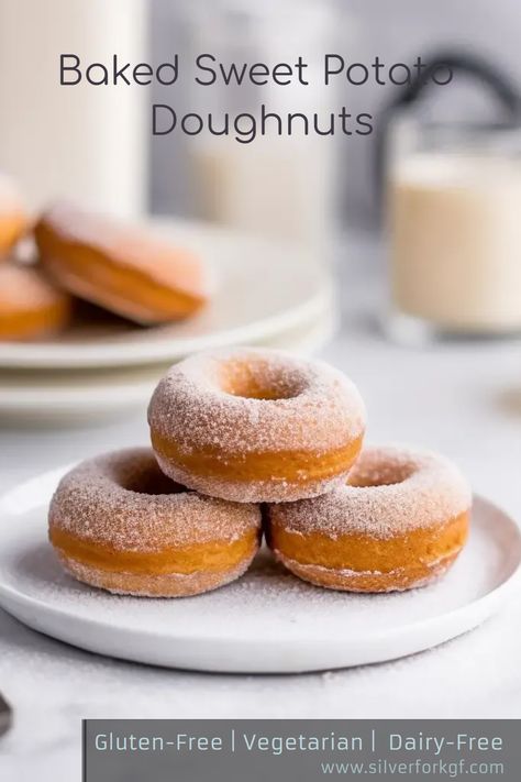 These Gluten-Free Baked Sweet Potato Doughnuts are a delicious and healthier alternative to traditional doughnuts. Sweet, moist, and full of flavor, they are perfect for a treat or special occasion. They are so tasty, you won't even realize they're gluten-free! Sweet Potato Doughnut Recipe, Gluten Free Air Fryer Donut Recipes, Healthy Donuts For Kids, Sweet Potato Donut Recipe, Potato Donuts Recipe, Gluten Free Donut Recipe, Gluten Free Doughnuts, Cider Donuts Recipe, Potato Donuts