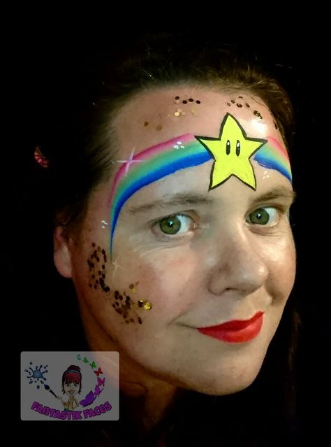 Super Mario Facepainting. Star with rainbow. Super Mario Face Paint Easy, Princess Peach Face Paint, Bowser Face Paint, Super Mario Face Paint, Mario Facepainting, Mario Face Painting, Mario Face Paint, Easy Face Paint Ideas, Boy Face Paint